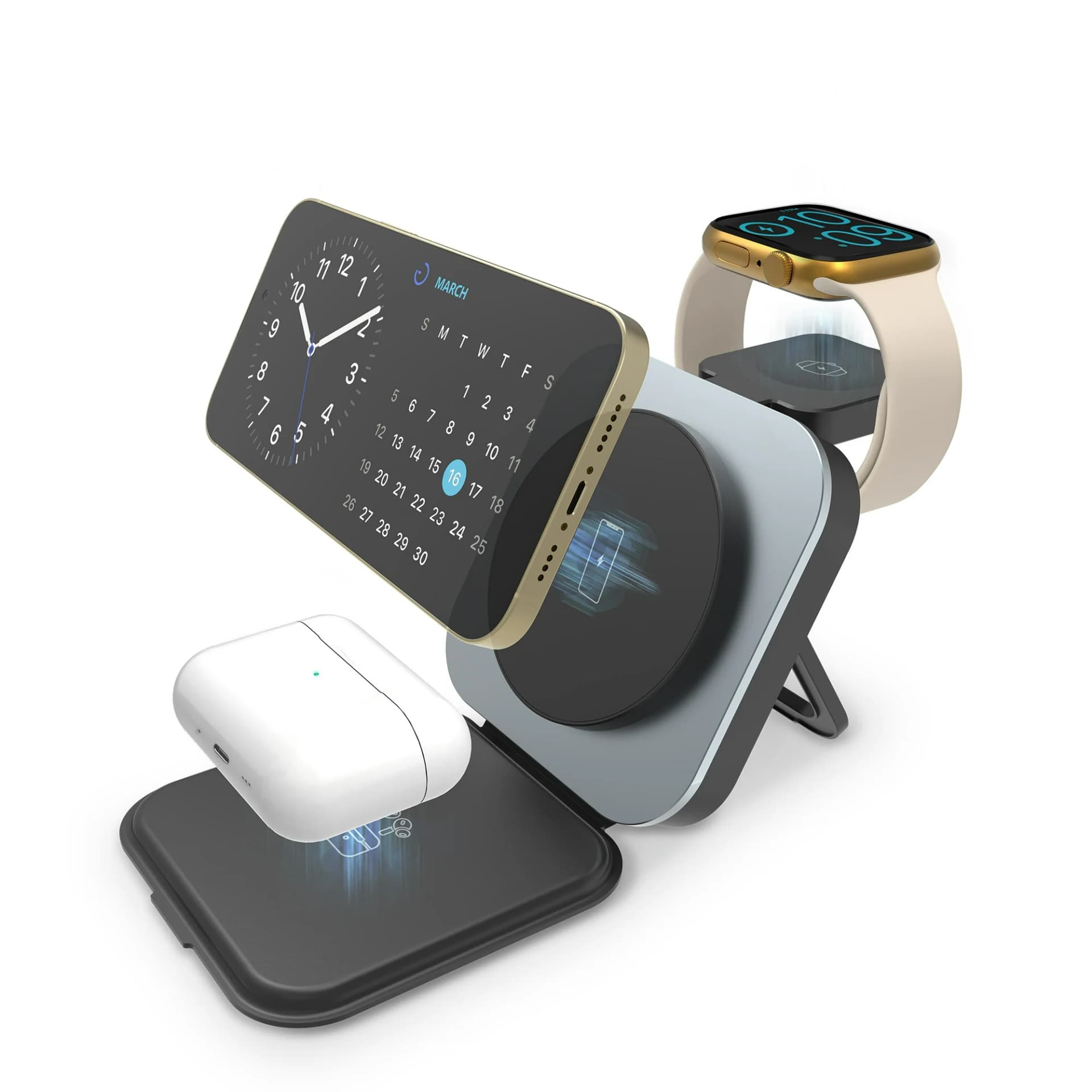 Cargador Inalámbrico Magnético 3-en-1 para Smartphone, Apple Watch y AirPods