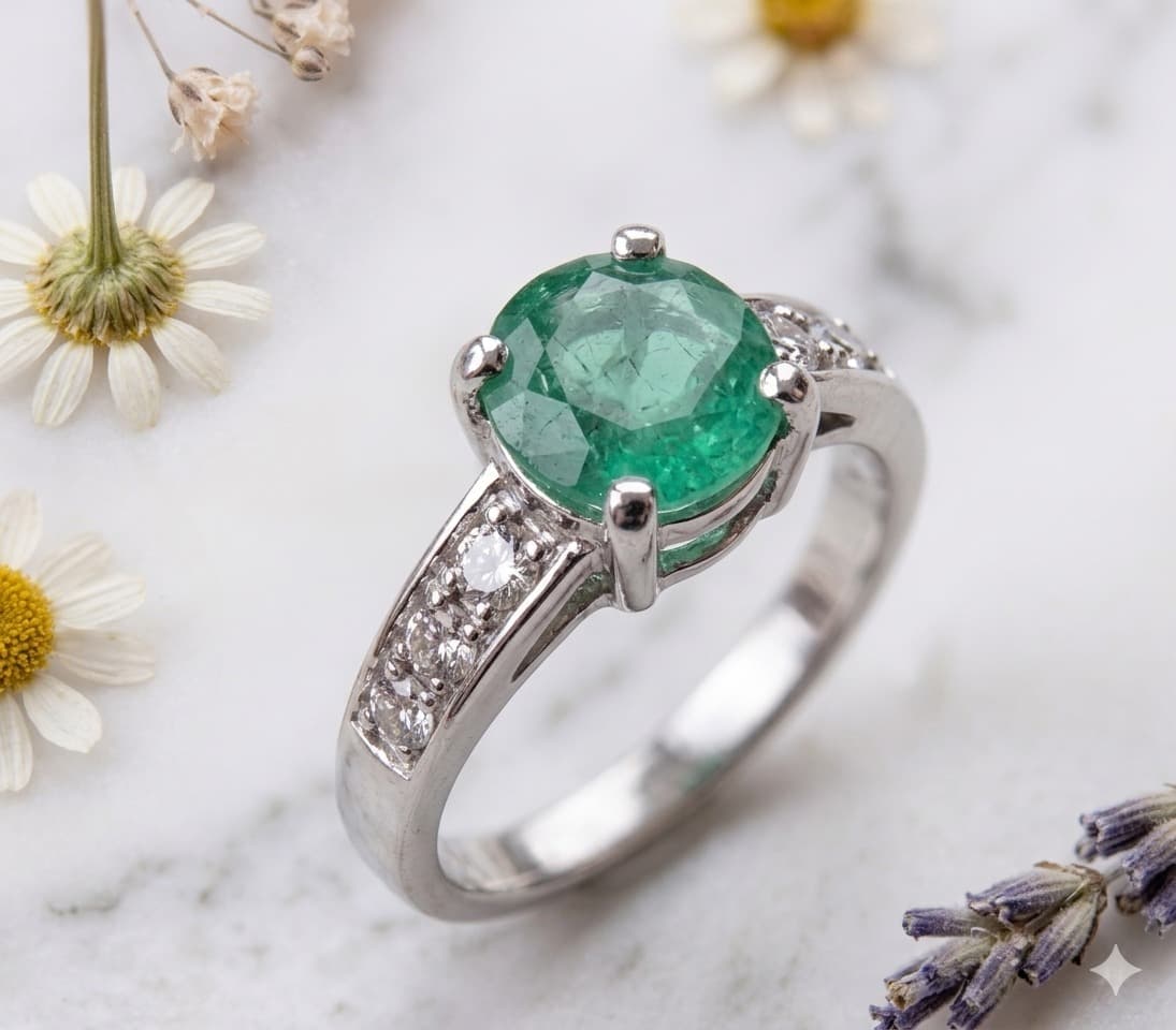 Anillo de Oro Blanco con inscrustación de Esmeralda Natural Colombiana